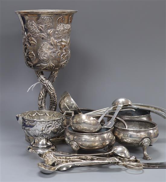 A set of late George II silver salts, London, 1759, a set of four George III silver cream ladles etc.